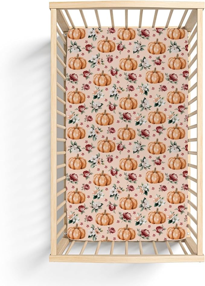 Vintage Floral Pumpkin Fall Baby Crib Sheets for Boy Girl 52x28 Pastel Pumpkins Flower Soft Snug Fitted Crib Mattress Cover Autumn Thanksgiving Harvest Baby Sheet for Standard Crib & Toddler Mattress