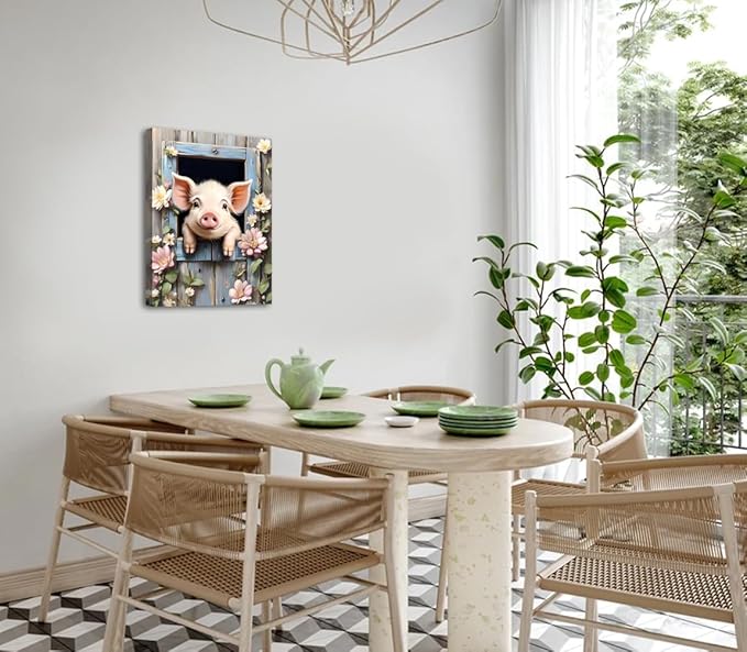 LNLAGBO Farm Animals Canvas Wall Art,Funny Pig Canvas Wall Art Print,Rustic Farmhouse Piggy Looking Over Wooden Fence Picture Prints for Bathroom Bedroom Living Room Decor-12 x16