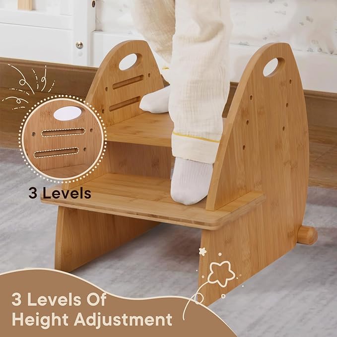 TIKSPCAE Wooden 2 Step Stool for Kids,Toddler Adjustable Triple Height Step Stool,Bamboo Bird-Shaped Design,300lbs Capacity,Ideal for Bathroom,Kitchen,Bedroom