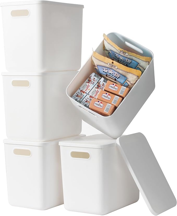 Gaoaodeyu 5 pack large plastic White storage bins with Lids, Toy Box Chest with Handle，Organizer Containers Baskets for Baby,Nursery，Shelves，Playroom, Bedroom，Office,Closet，home (White, 5L)
