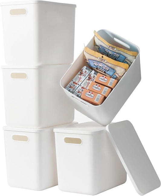 Gaoaodeyu 5 pack large plastic White storage bins with Lids, Toy Box Chest with Handle，Organizer Containers Baskets for Baby,Nursery，Shelves，Playroom, Bedroom，Office,Closet，home (White, 5L)