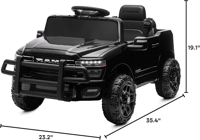 Kidzone Ride On Truck for Kids, Licensed RAM 3500 12V Battery Powered Electric Car Toy with Remote Control, LED Lights, Bluetooth Music & Rear Suspension - Black