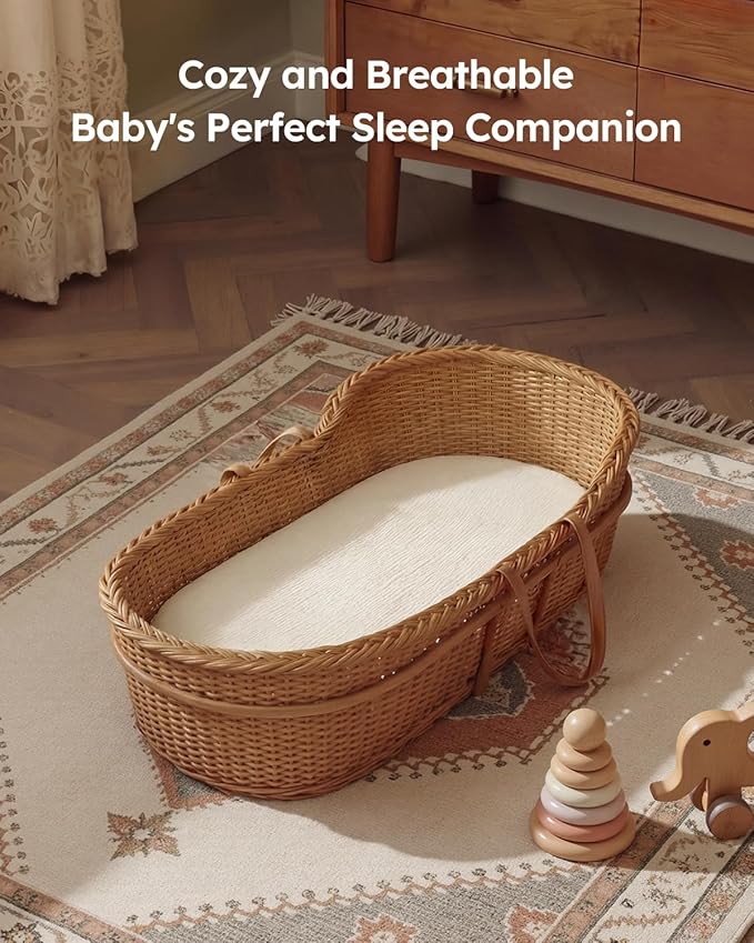 Muslin Bassinet Sheets Boy Girl, 100% Cotton Fitted Bassinet Sheet Set 2 Pack Bassinet Mattress Sheets Universal Fit for Rectangle, Round, Oval, Hourglass Mattress, Soft Breathable