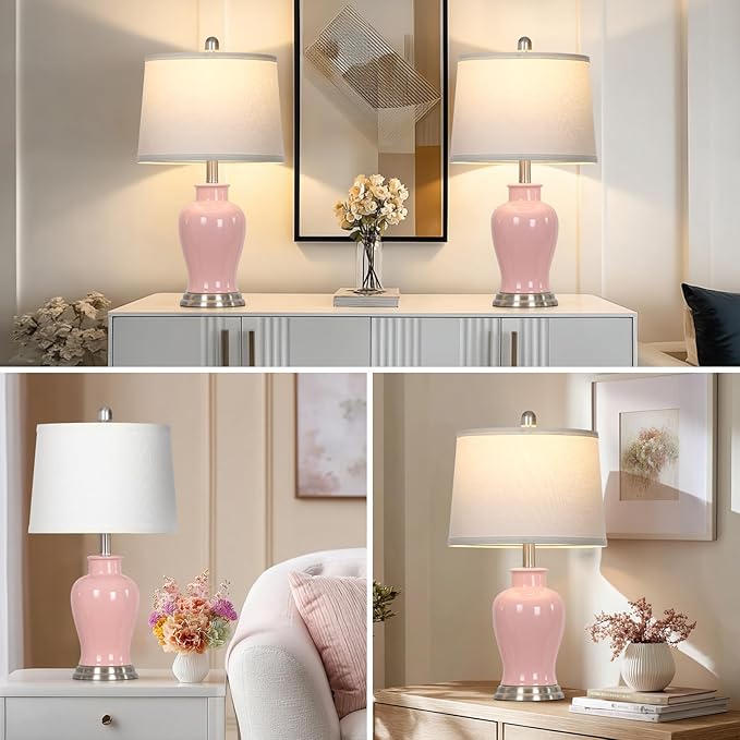 LUXEFLOW 23" Pink Ceramic Table Lamps for Living Room, Modern Ceramic Lamps with Ginger Jar Design, Cute Bedside Lamp Set of 2, Elegant Bedroom Lamp for Nightstand Dining Room Side End Table Homedecor