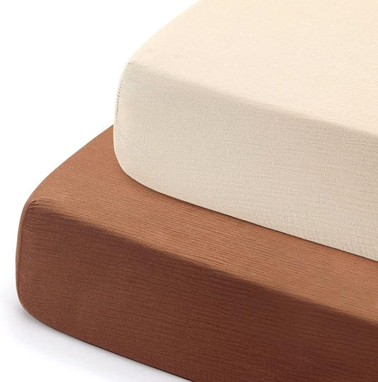 GRSSDER Soft Muslin Crib Sheet 2 Pack, 100% Cotton Crib Sheets for Boys and Girls, Fit Standard Crib Mattresses 52" x 28" Safe and Snug, Beige and Brown