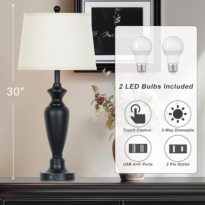 luxeflow 30" Tall Black Table Lamps Set of 2 for Living Room, Touch Control Bedside Lamps for Nightstand, 3-Way Dimmable Bedroom Table Lamp with USB A+C Ports and AC Outlet (2 LED Bulbs Included)