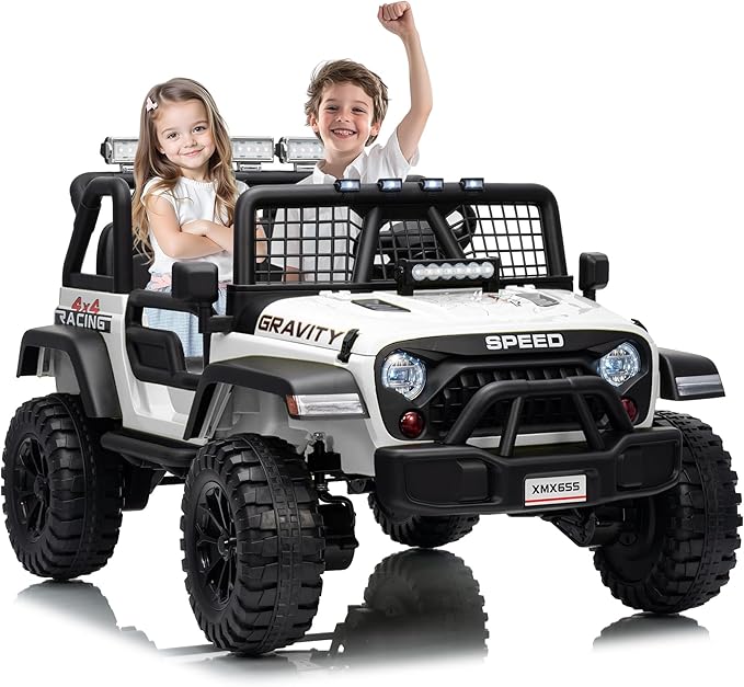 24V 2-Seater Kids Electric Truck with Parent Remote Control, 100Min Ride-on Car, 4WD Dual Motor, 2 Speeds, Spring Shock Absorber, LED Headlights, Siblings Gift Kids Electric Vehicle, White