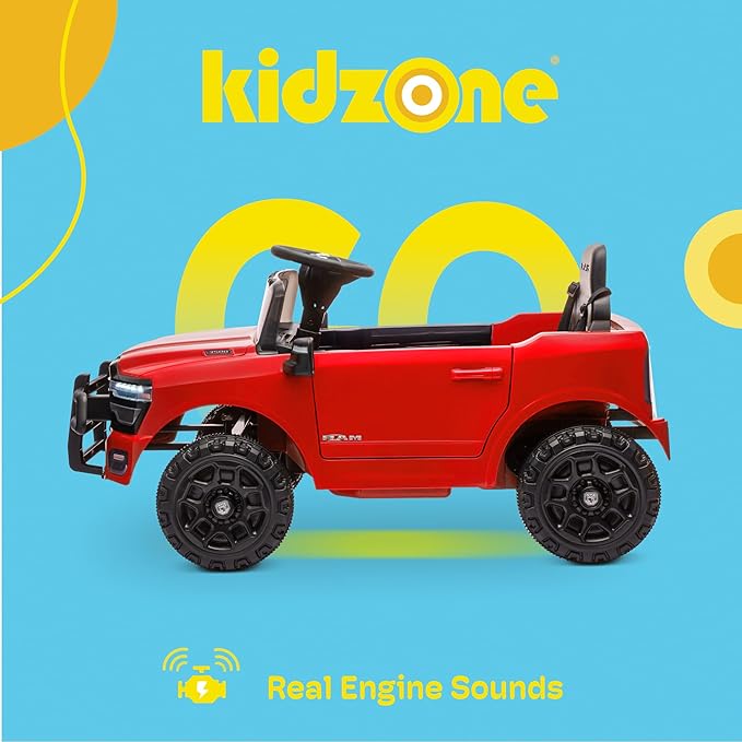 Kidzone Ride On Truck for Kids, Licensed RAM 3500 12V Battery Powered Electric Car Toy with Remote Control, LED Lights, Bluetooth Music & Rear Suspension - Red