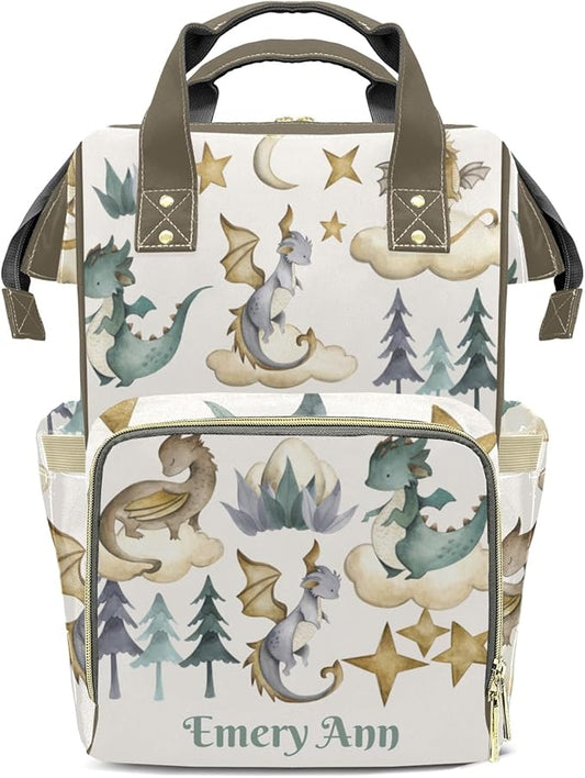 Personalized Cute Dragon Watercolor Custom with Name Diaper Bag Backpack For Baby Boy Girl Dad Mom Unisex for Adult Daypack Holiday Gift