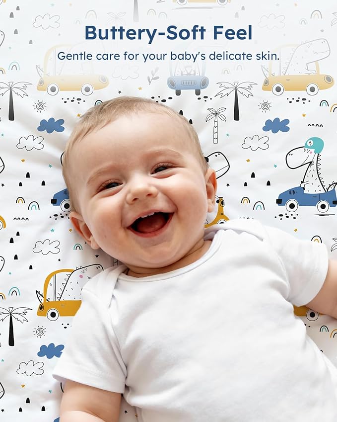 Baby Crib Sheets for Boys Girls, 28x52x8in Fitted Crib Sheet Neutral 3 Pack for Standard Crib and Toddler Mattress, Breathable Soft Microfiber Baby Sheet Grey & Blue Car