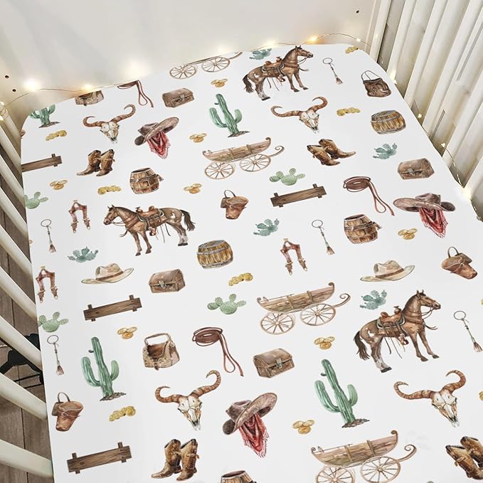 Western Cowboy Baby Crib Sheets for Boy 52"x28" Cowboys Horse Boots Hats Golds Cactus Soft Snug Fitted Crib Mattress Cover Wild West Cowboy Life Baby Sheet for Standard Crib & Toddler Bed Mattress