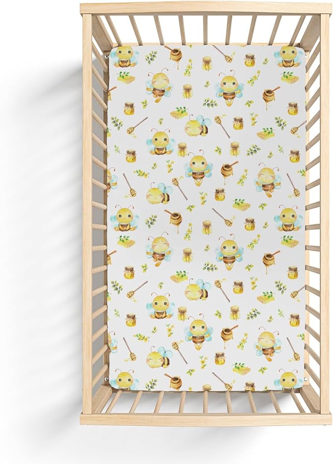 Bee Honey Baby Crib Sheets for Boy Girl 52"x28" Cute Bees Honeycomb Floral Leaves Soft Snug Fitted Crib Mattress Cover Summer Spring Garden Baby Sheet for Standard Crib & Toddler Bed Mattress