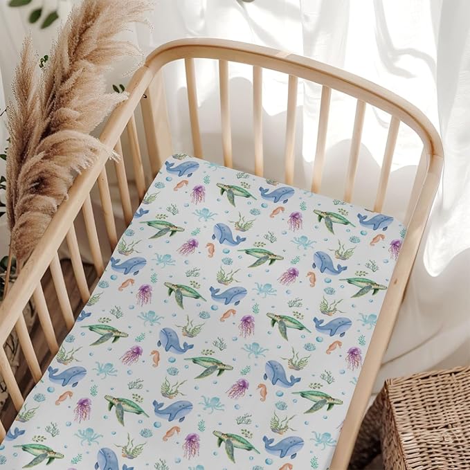 Pastel Sea Animals Baby Crib Sheets for Boy Girl 52x28In Sea Horse Turtle Whale Jellyfish Corals Soft Snug Fitted Crib Mattress Cover Ocean Marine Baby Sheet for Standard Crib & Toddler Bed Mattress