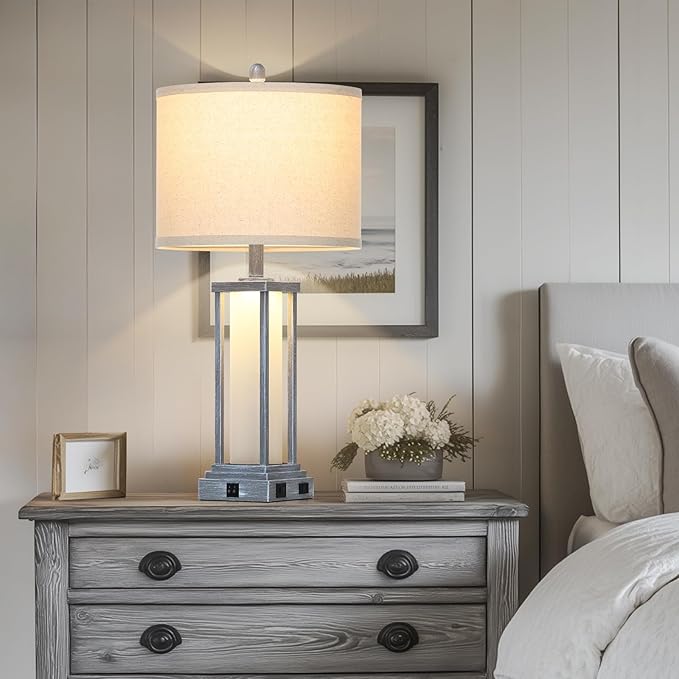 Cinkeda 27" Tall Vintage Table Lamp Set of 2 with USB C+A & Outlet,Gray Nightstand Lamp for Living Room,Retro Bedside Lamps with Frosted Glass Night Light for Bedroom Entryway,Grey
