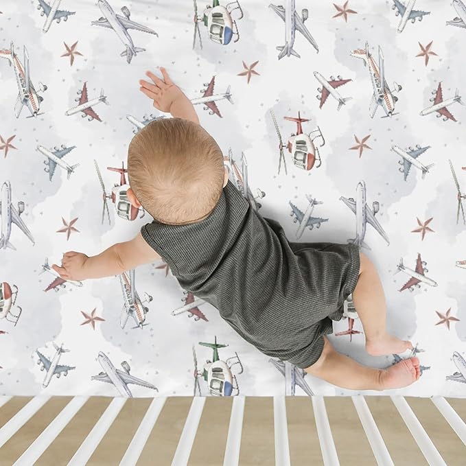 Vintage Planes Airplanes Helicopters Baby Crib Sheets Boy Girl 28"x52" Plane Stars Clouds Sky Soft Stretchy Fitted Crib Mattress Cover Baby Sheet for Standard Crib & Toddler Mattress Pad