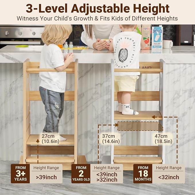 COSYLAND 3 Levels Adjustable Toddler Standing Tower - 33.5IN/85CM Stable Kids Kitchen Step Stool with Protective Crossbar - Wooden Toddler Kitchen Stool Helper(All Natural)