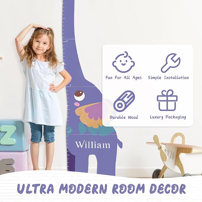 Woodemon Personalized Name Growth Chart for Kids, Elephant Patchwork Wooden Height Chart for Wall Decor, Custom Height Ruler, Baby Boy Girl Measurement Ruler for Bedroom Playroom, Easy to Mark