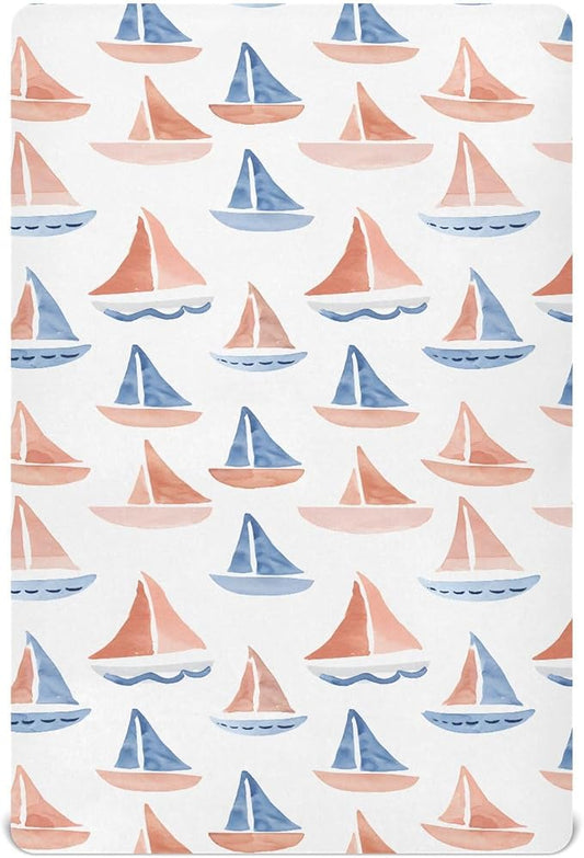 Baby Crib Sheets Fitted Crib Sheet Standard Crib and Toddler Mattress for Boys Girls 39 * 27in Pink Starfish Shell Pattern (Watercolor Sailboats Pattern, Small)