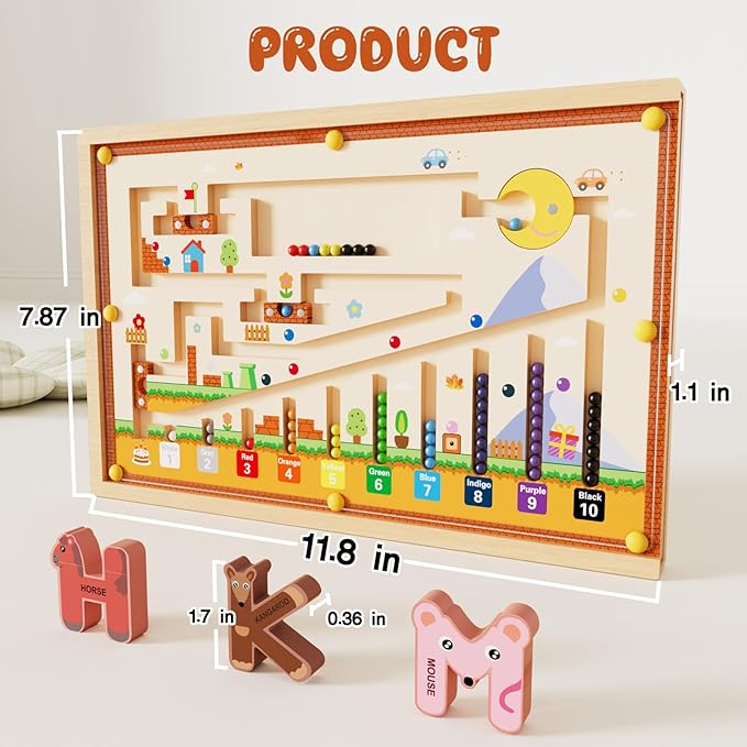 Wooden Montessori Toys with Storage Box for 3-5 Year Old, 4 in 1 Toddlers Educational Learning Toy- Magnetic Color and Number Maze, Animal Alphabet Puzzles, Drawing Board for Kids Boys Girls