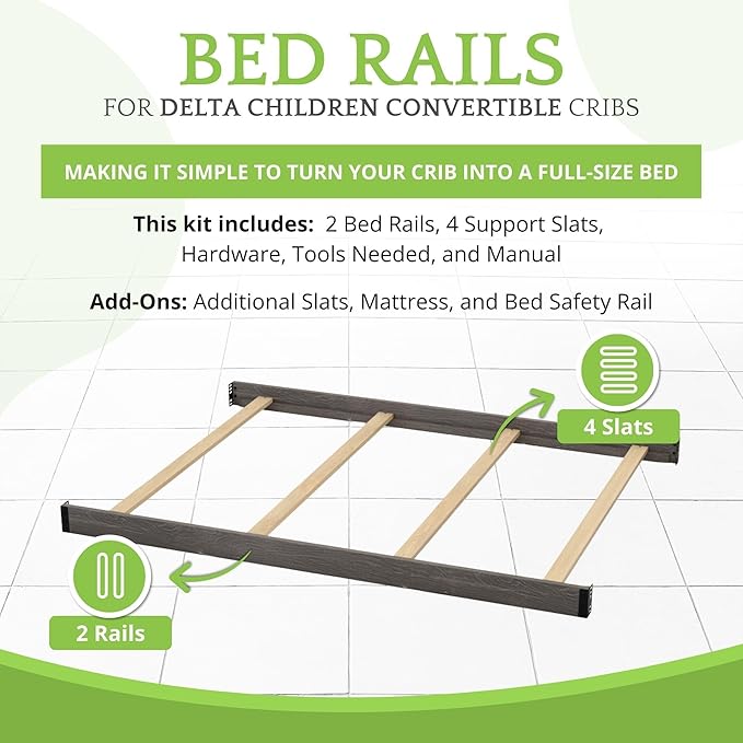 Full-Size Conversion Kit Bed Rails Compatible with Delta Children Convertible Cribs - Solid Wood Rail #0050 - Toddler and Adult Bed Rail for Full-Size Beds - Baby Furniture (Rustic Grey - 084)