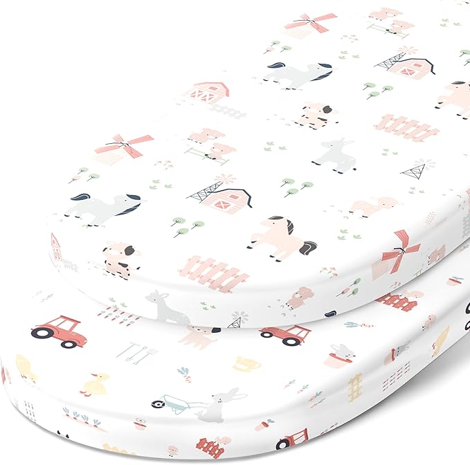 Bassinet Sheets Compatible with 4moms Mamaroo Sleep Bassinet - Fits 18 x 30 Inch Oval Bassinet Mattress – Snuggly Soft 100% Jersey Cotton – 2 Pack – Farm Animals – 2 Pack