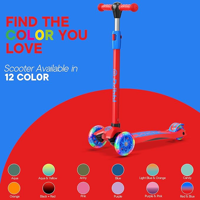 Dribbl 3-Wheel Kids Scooter - Lean-to-Steer Technology, Adjustable Height Handlebar, Anti-Slip Deck, Scooter for Boys & Girls Ages 3+, Child Safety Approved, Support Riders Up To 165 lbs, Red and Blue