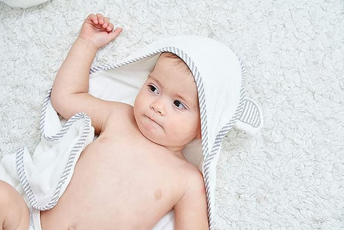 HIPHOP PANDA Hooded Towel - Rayon Made from Bamboo, Bath Towel with Bear Ears for Newborn, Babie, Toddler, Infant - Absorbent Large Baby Towel - White, 30 x 40 Inch