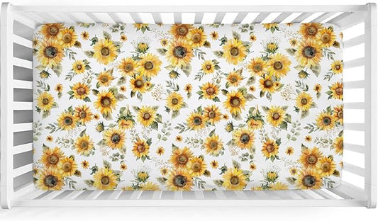 Watercolor Yellow Sunflowers Baby Crib Sheet 52''x28'' Boho Sunflowers Leaves Stretchy Fitted Crib Mattress Covers for Boy Girl Summer Wild Floral Soft Baby Sheets for Standard Crib Toddler Mattress