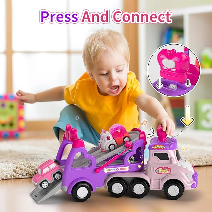 Cars Toys for 2 + 3 + Year Old Girl, 7-in-1 Princess Transport Carrier Trucks for Toddlers Girl 2-4, Friction Power Toy Cars with Lights & Music, Birthday Gift for Girls Age 2 3.