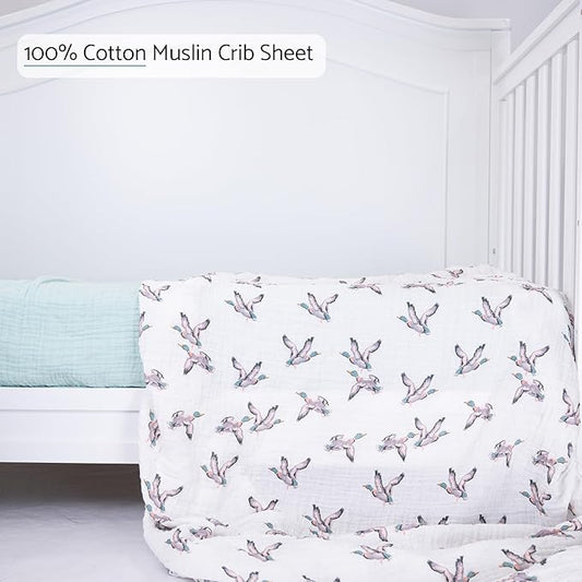 LollyBanks Muslin Crib Sheet 1 Pack, 100% Cotton Soft and Breathable Fitted Crib Sheet for Boys and Girls, Cozy and Snug Neutral Baby Sheets for Standard 52 x 28 inches Mattress (Mallard Duck Print)