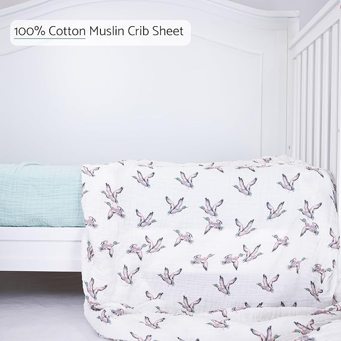 LollyBanks Muslin Crib Sheets 2 Pack, Soft and Breathable Baby Crib Sheets for Standard 52 x 28 inches Mattress, 100% Cotton Neutral Baby Bed Sheet, Infant Registry (Mallard Duck and Solid Green)