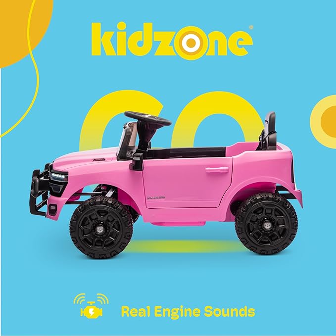 Kidzone Ride On Truck for Kids, Licensed RAM 3500 12V Battery Powered Electric Car Toy with Remote Control, LED Lights, Bluetooth Music & Rear Suspension - Pink