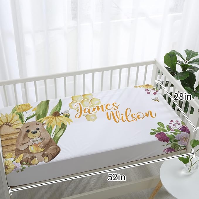 Personalized Baby Crib Bedding Set, Custom Name Nursery Bedding 5-Piece - Baby Blanket Fitted Sheet Changing Pad Cover Rug and Wall Art, Bee-Themed Crib Gift for Boys Girls