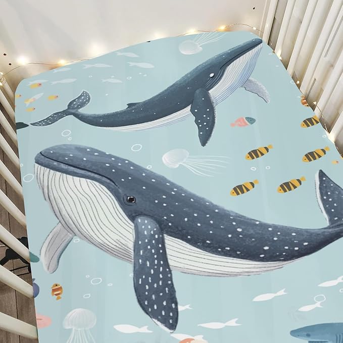 Boho Ocean Animals Baby Crib Sheets Boy Girl 28"x52" Whale Shark Jellyfish Coral Seaweed Soft Snug Fitted Crib Mattress Cover Nautical Coastal Marine Baby Sheet for Standard Crib & Toddler Mattress