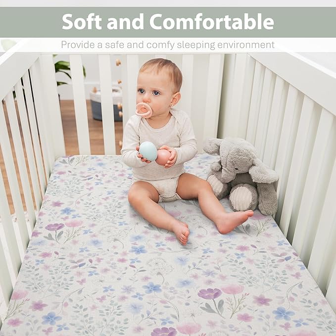 Whimsy Floral Watercolor Baby Crib Sheets for Boy Girl 28"x52" Pink Purple Wildflowers Soft Snug Fitted Crib Mattress Cover Boho Colorful Garden Flowers Baby Sheet for Crib & Toddler Bed Mattresses