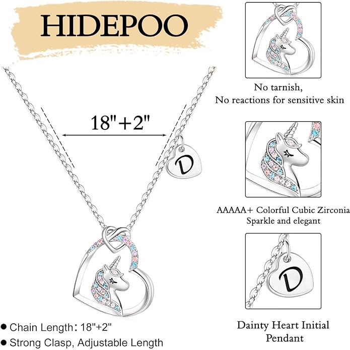 Hidepoo Stocking Stuffers for Teen Girls Kids - Colorful CZ Heart Pendant Initial Unicorn Necklaces for Girl Jewelry Birthday Gift Christmas Gifts for Grandkids Girls Kid