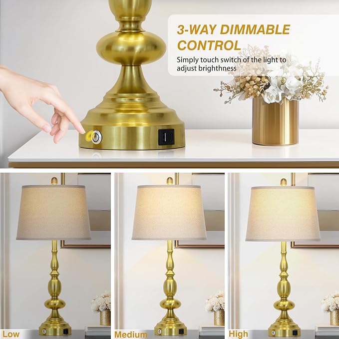 29" Modern Table Lamps Set of 2, Gold Touch Control 3-Way Dimmable Bedside Lamp with USB C+A Ports, Industrial Metal Farmhouse Nightstand Lamps for Living Room Bedroom End Tables(2 LED Bulbs Included)