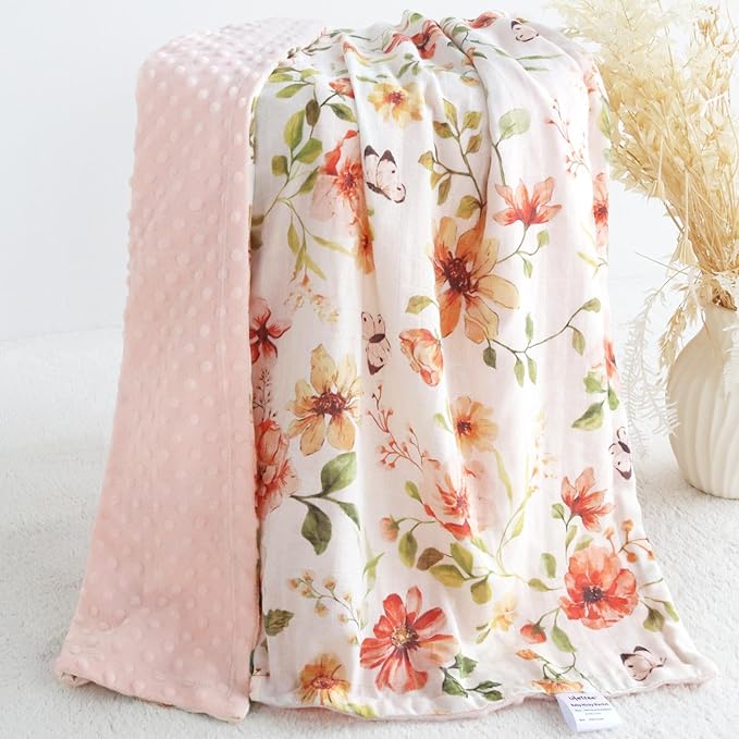LifeTree Baby Blankets for Boys Girls, Soft Double Layer Swaddle Blankets, Muslin Front and Dotted Fleece Backing Receiving Bed Throw Blanket for Newborn Unisex, 31X40 Inches, Butterfly and Floral