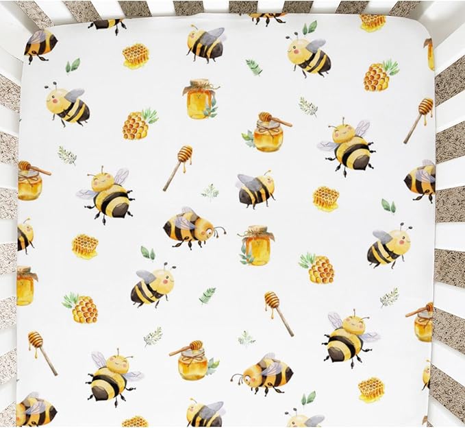 Bee Honey Baby Crib Sheets Neutral for Standard Crib Mattress Pads Cartoon Bee Honeycomb Fitted Crib Sheet Nursery Crib Mattress Cover Boys Girls Toddler Bed Sheet Stretchy Breathable Nursery Bed
