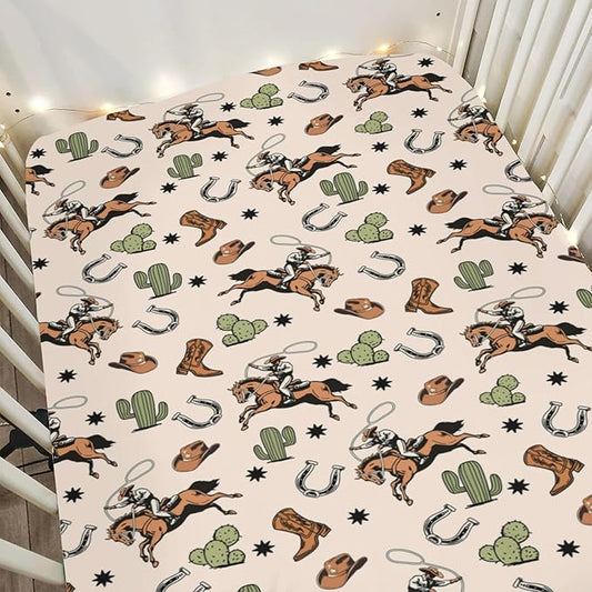 Country Western Baby Crib Sheets for Boy Girl 52x28Inch Cowboy Hat Boots Horse Cactus Soft Snug Fitted Crib Mattress Covers Wild West Desert Baby Sheet for Standard Crib & Toddler Bed Mattresses