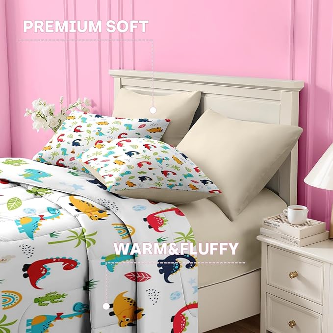 Nesker 4 Pcs Comforter Set Toddler Size, Cute Cartoon Dinosaur Bedding for Kids Teen, Colorful Dino Bed Sheet with Pillowcase & Sham