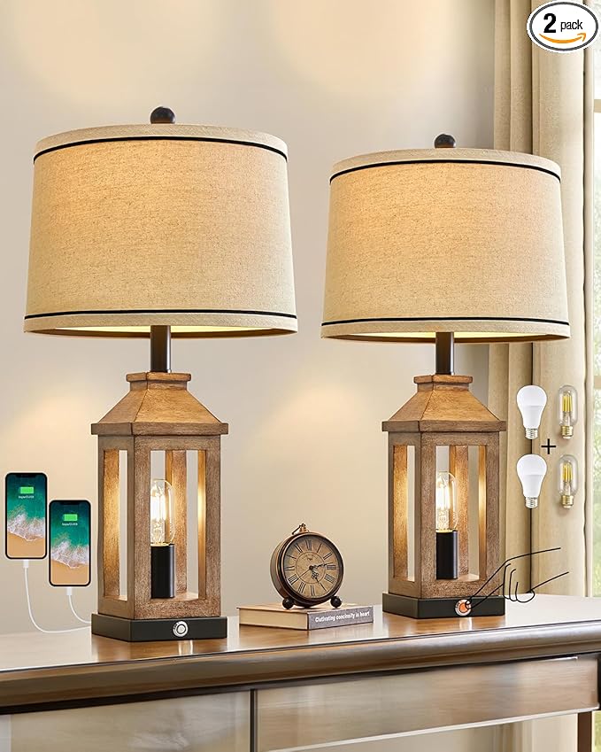 G-SAFAVA 23.75" Farmhouse Dual USB Charging Ports 3-Way Dimmable Touch Control Table Lamp with Nightlight Vintage Modern Lamps for Living Room Bedroom