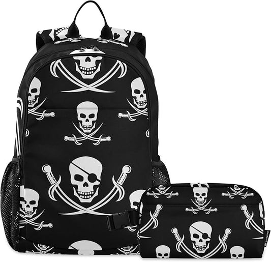 Jucciaco Pirate Skull Backpack with Lunch Bag, School Travel Backpack for Boys Girls Kids Backpacks Set