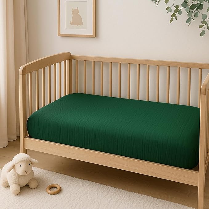 2 Pack Emerald Green Muslin Crib Sheets for Boys & Girl- Neutral Breathable Cotton Crib Mattress Sheets Fitted for Standard 28"x 52"- Nursery Décor No Slip Bed Sheets