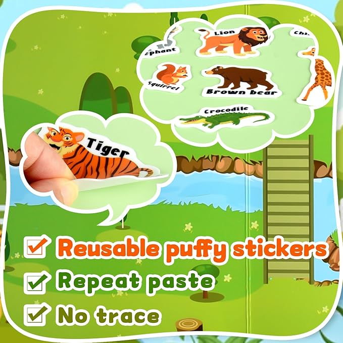 ASTARON 3 Pack Reusable Jelly Sticker Books for Kids, Cute Waterproof Dinosaurs Animals Vehicles Stickers, Portable Travel Toys and Educational Sensory Learning Toys (3-6 Age)