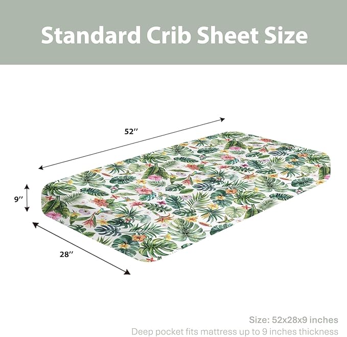 Tropical Flower Leaves Hummingbirds Baby Crib Sheets for Boy Girl 52"x28" Greenery Tropical Jungle Soft Snug Fitted Crib Mattress Cover Boho Summer Baby Sheet for Standard Crib & Toddler Bed Mattress
