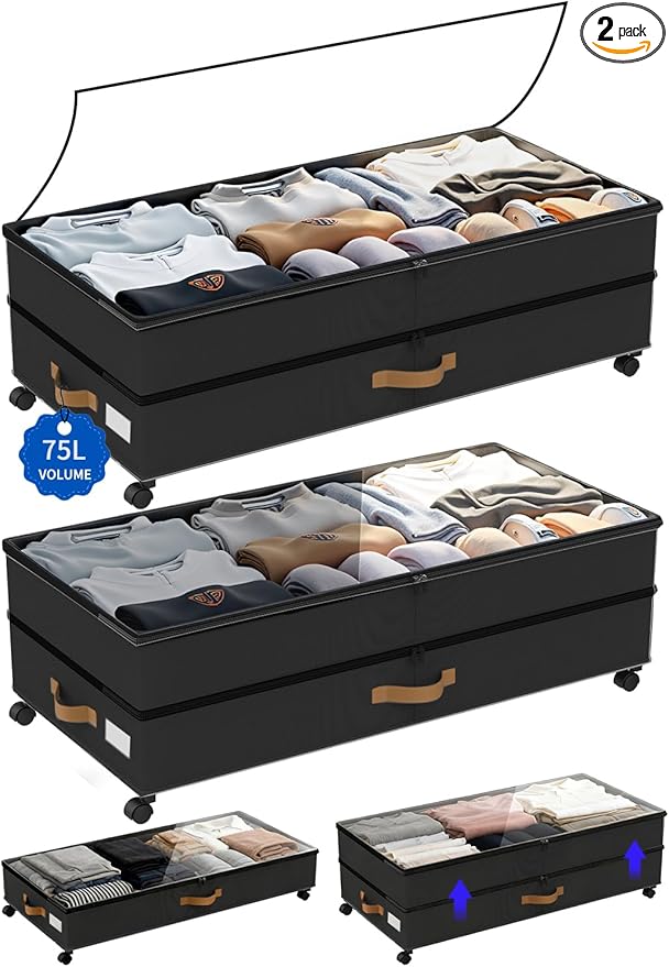 GOVEYONY Under Bed Storage with Wheels 2-Pack, 75L XXL Under the Bed Storage Containers Large, 12" Tall Adjustable Storage for Underbed with Lids, Rolling for Clothes, Shoes, Blankets (Black)