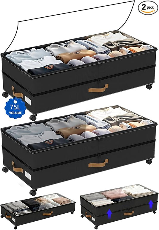 GOVEYONY Under Bed Storage with Wheels 2-Pack, 75L XXL Under the Bed Storage Containers Large, 12" Tall Adjustable Storage for Underbed with Lids, Rolling for Clothes, Shoes, Blankets (Black)