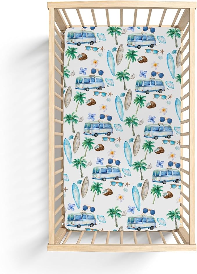 Watercolor Boho Surfing Baby Crib Sheets for Boy Girl 52x28Inch Surfboard Tropical Palm Trees Flowers Soft Snug Fitted Crib Mattress Cover Summer Beach Baby Sheet for Standard Crib & Toddler Mattress