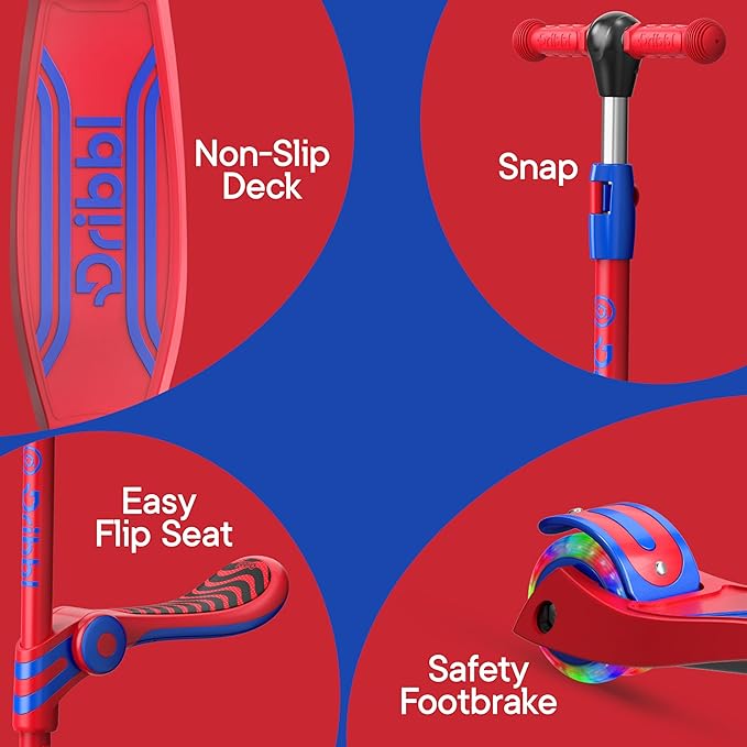 Red and Blue 3 Wheel Scooter with Seat for Kids, Light-Up Wheels, Adjustable Lean to Steer Handlebar and Seat, Smooth Wheels, Wide No-Slip Deck, Rear Foot Brake, Toddler Outdoor Toys for Ages 2+